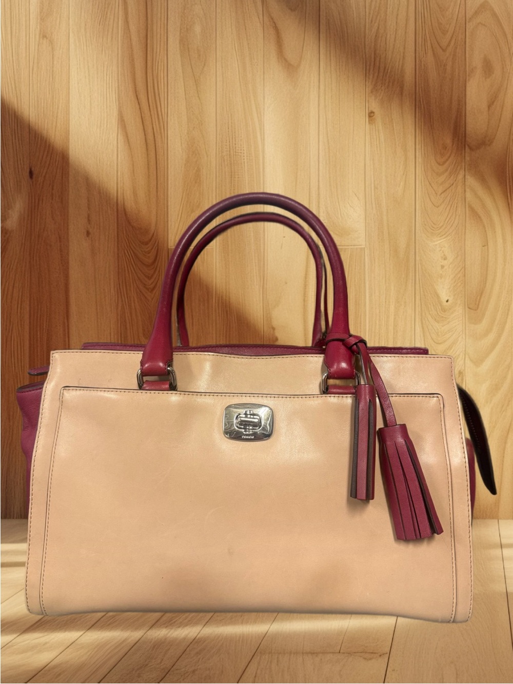 Coach Legacy Chelsea Two-Toned Leather Carryall 25805 Light Khaki & Deep Port
